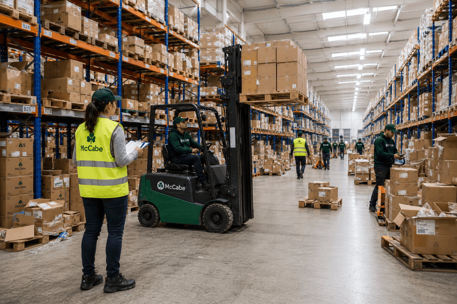 Large distribution warehouse with forklifts, palletized inventory, and warehouse staff coordinating outbound freight and order fulfillment at McCabe Logistics.