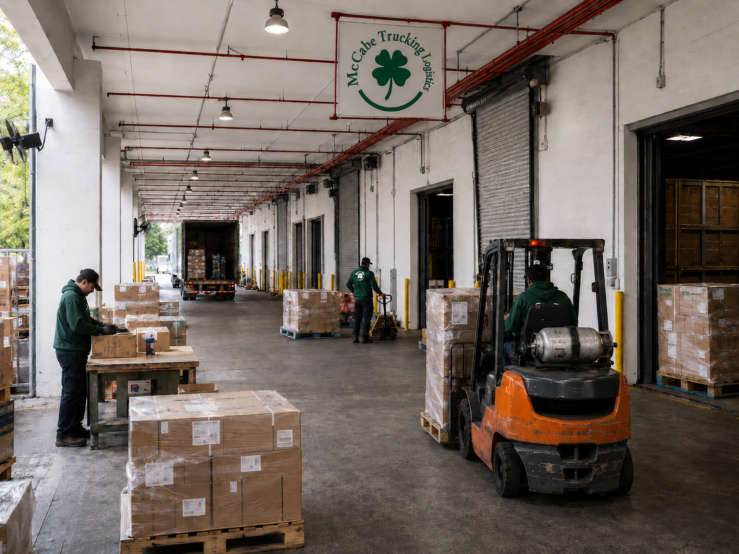 Warehouse staging area with forklifts, palletized freight, and logistics staff preparing outbound shipments inside a McCabe distribution facility.